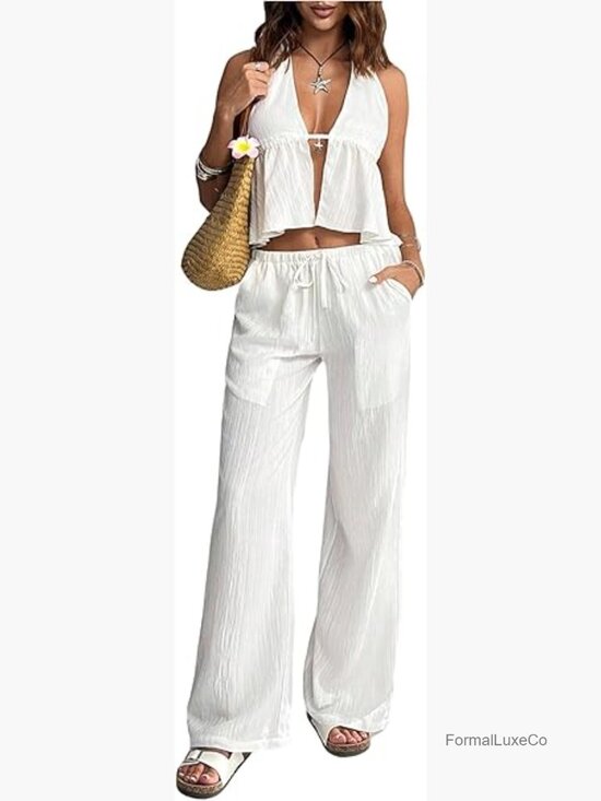 Pants - Women's 2 Piece Outfits Halter Tops Wide Leg Pants Sets Sleeveless Deep V Neck
